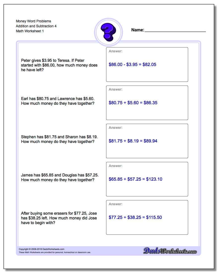 Money Word Problems Worksheet Addition Worksheet and Subtraction Worksheet 4