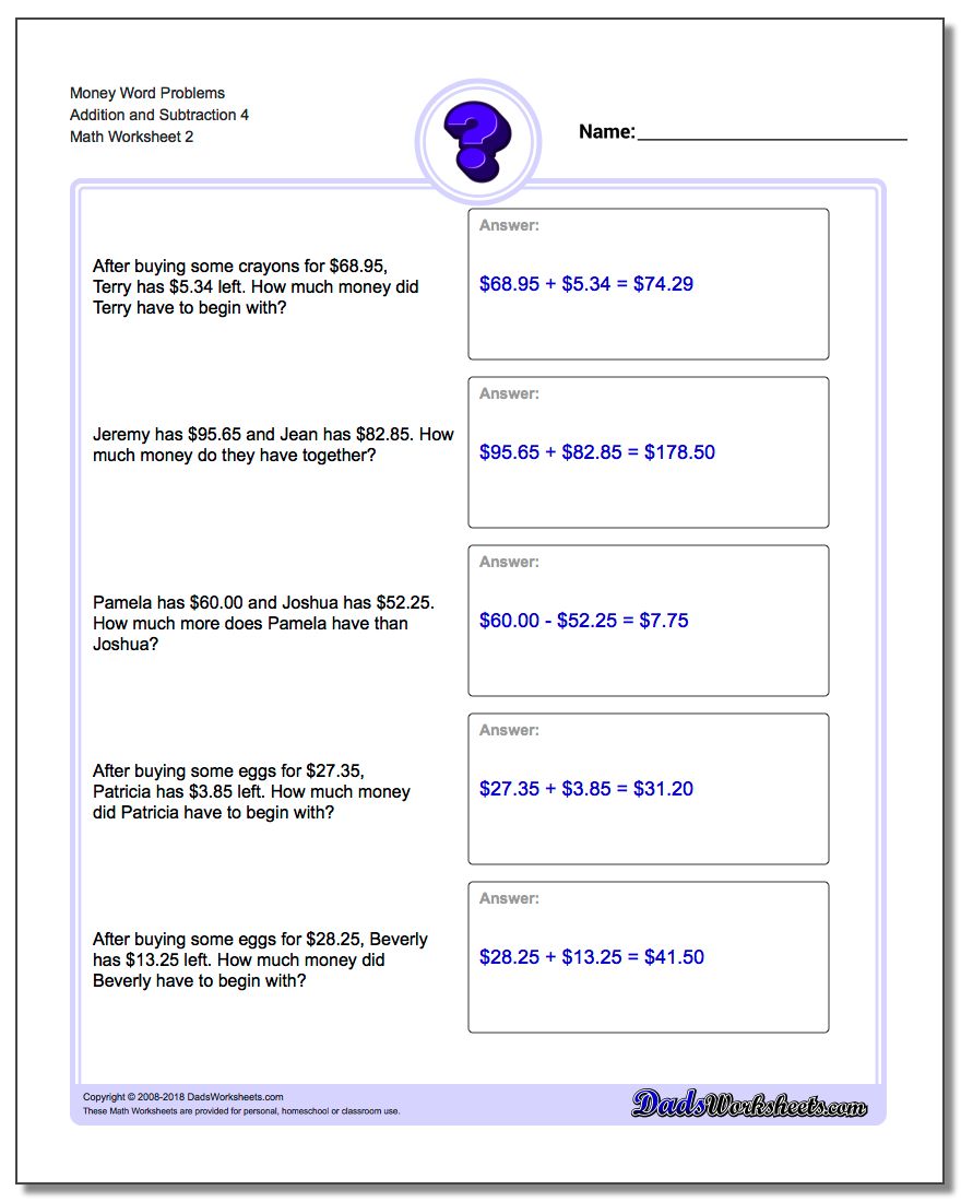 addition and subtraction money word problems