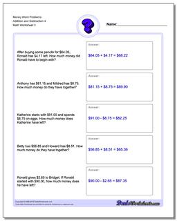 Money Word Problems Worksheet Addition Worksheet and Subtraction Worksheet 4