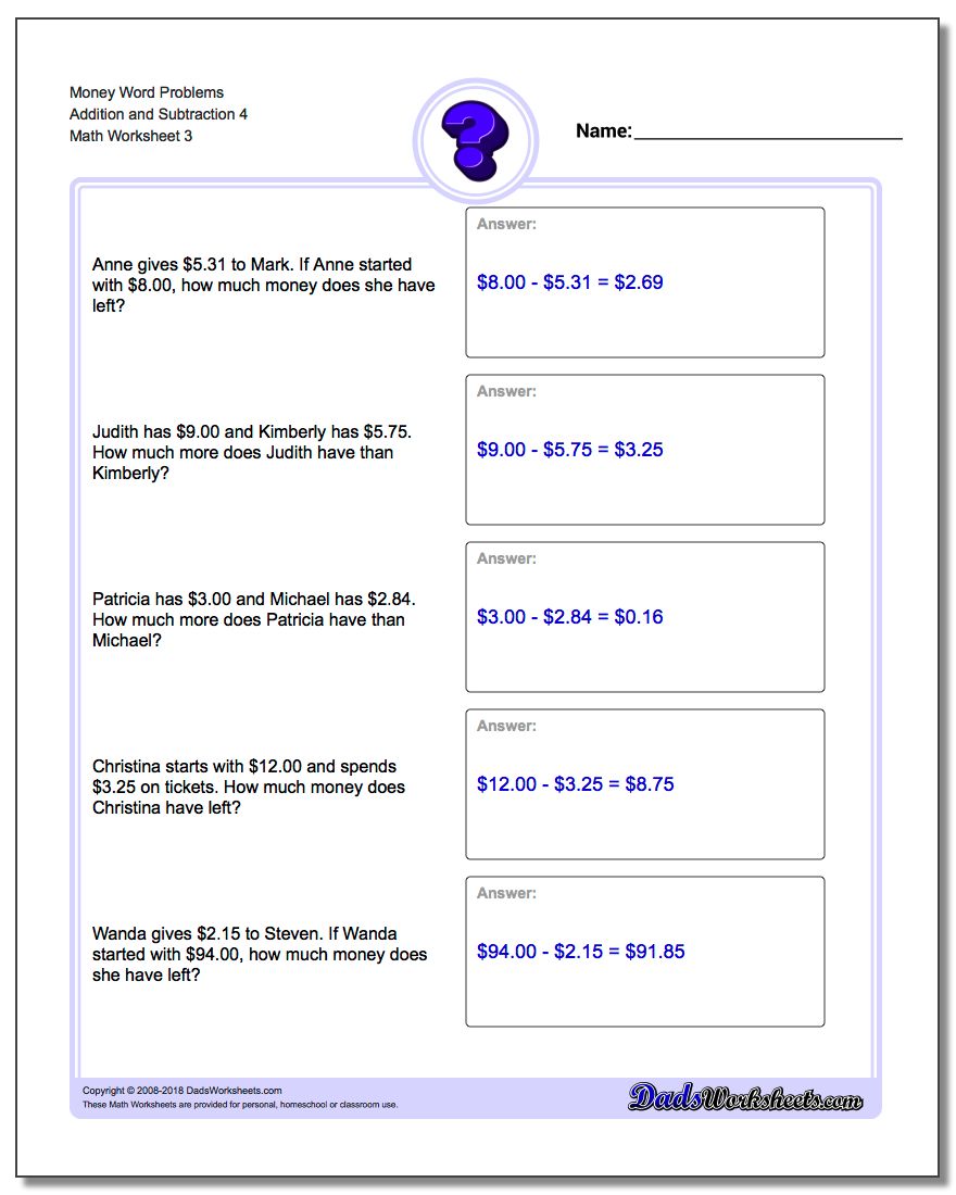 Money Word Problems Worksheet Addition Worksheet and Subtraction Worksheet 4