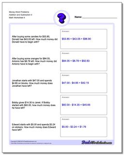 Money Word Problems Worksheet Addition Worksheet and Subtraction Worksheet 4