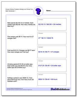 Money Word Problems Worksheet Division Worksheet Multiply and Divide Four