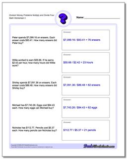 Division Worksheet Money Problems Worksheet Multiply and Divide Four