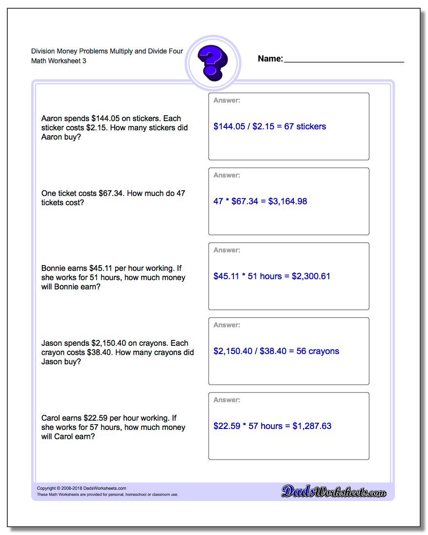 Division Worksheet Money Problems Worksheet Multiply and Divide Four