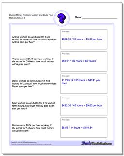 Division Worksheet Money Problems Worksheet Multiply and Divide Four