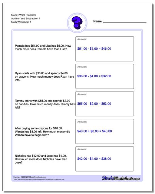 addition and subtraction money word problems