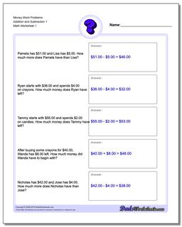 Money Word Problems Worksheet Addition Worksheet and Subtraction Worksheet 1