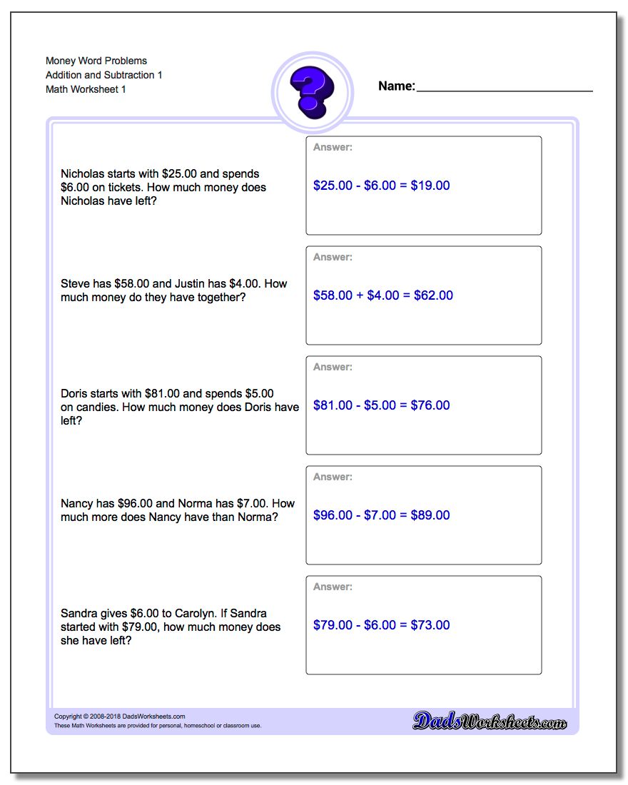 Money Word Problems Worksheet Addition Worksheet and Subtraction Worksheet 1
