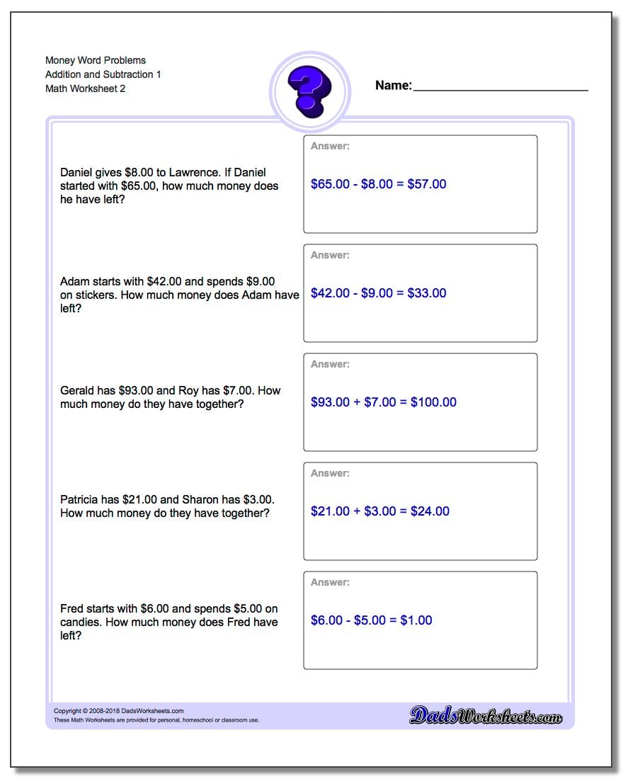 Money Word Problems Worksheet Addition Worksheet and Subtraction Worksheet 1 www.dadsworksheets.com/worksheets/money-word-problems.html