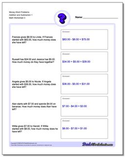 Money Word Problems Worksheet Addition Worksheet and Subtraction Worksheet 1