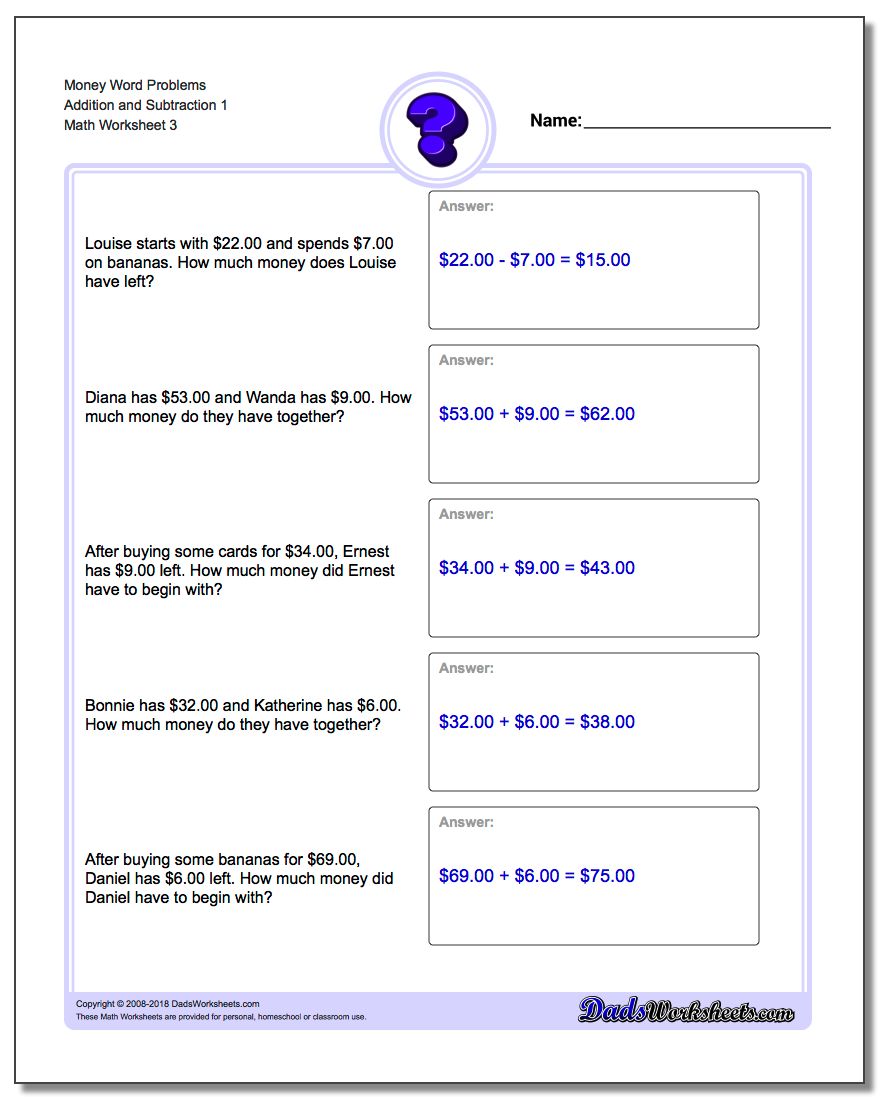 Money Word Problems Worksheet Addition Worksheet and Subtraction Worksheet 1