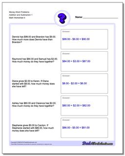 Money Word Problems Worksheet Addition Worksheet and Subtraction Worksheet 1