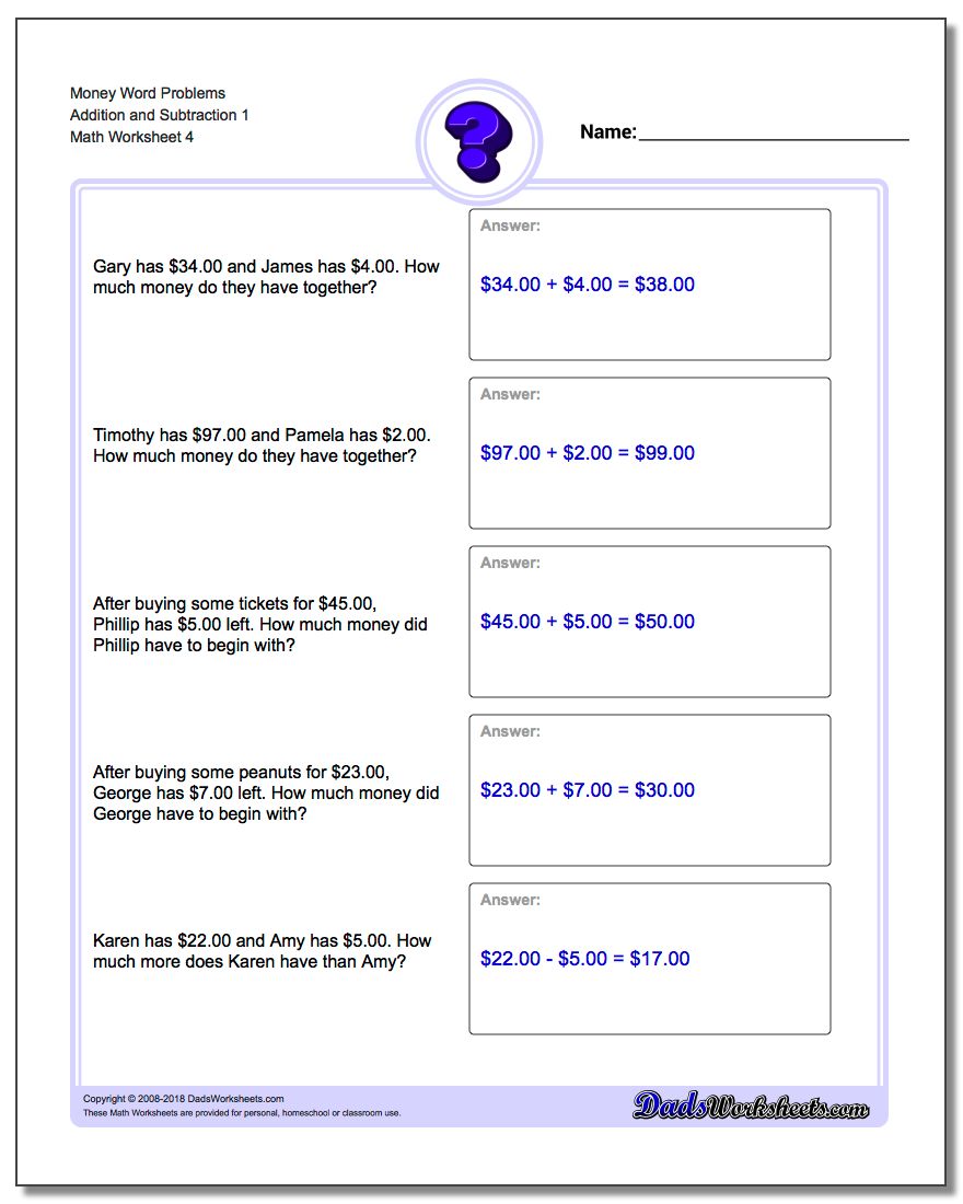 Money Word Problems Worksheet Addition Worksheet and Subtraction Worksheet 1