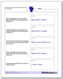 Money Word Problems Worksheet Division Worksheet Multiply and Divide One