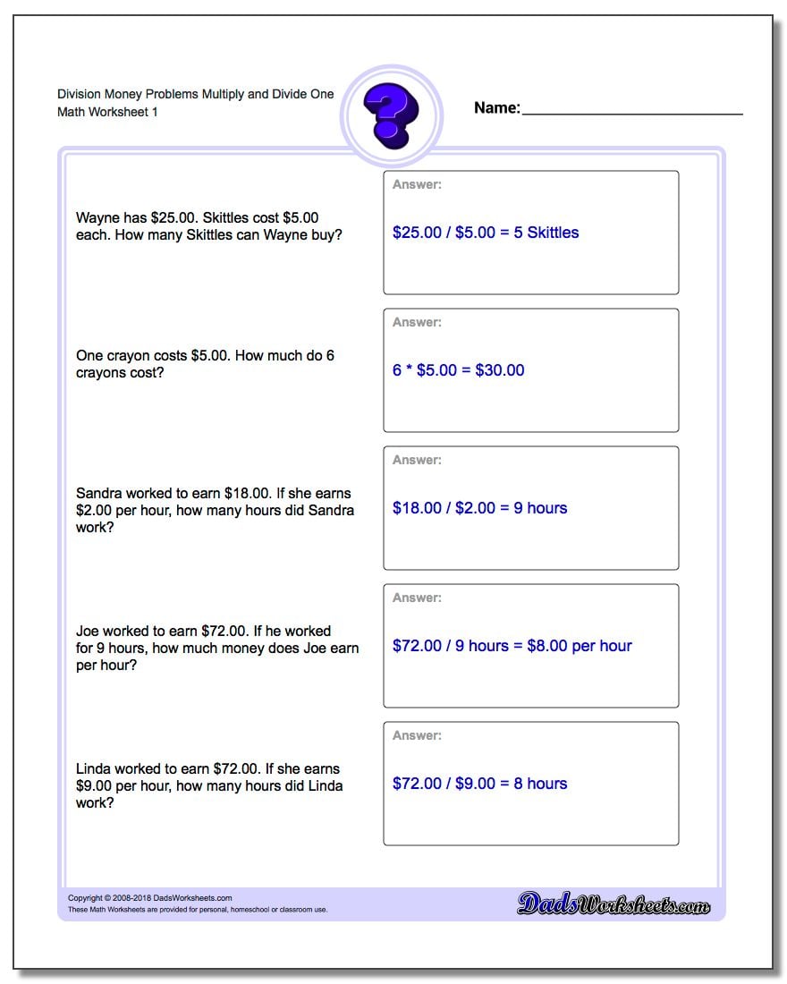 Students begin to work with algebra word problems in a series of math worksheets, lessons, and homework. Algebra Word Problems Worksheet . Multiplication and Division Money Word Problems