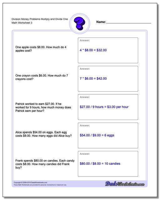 multiplication and division money word problems