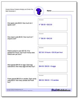 Division Worksheet Money Problems Worksheet Multiply and Divide One