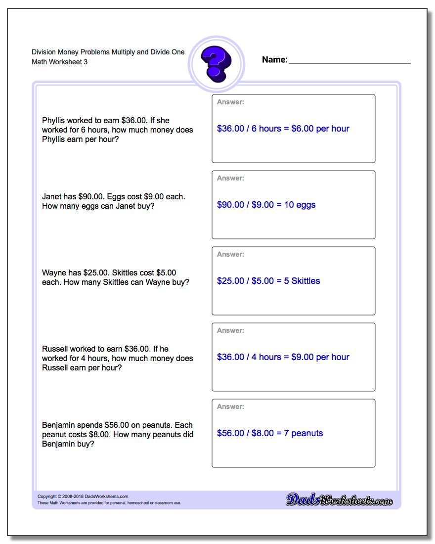 Division Worksheet Money Problems Worksheet Multiply and Divide One