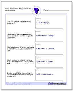 Division Worksheet Money Problems Worksheet Multiply and Divide One