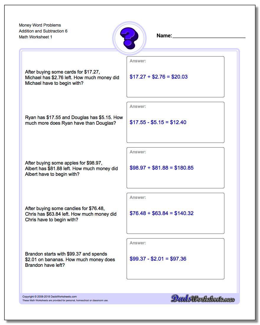 Money Word Problems Worksheet Addition Worksheet and Subtraction Worksheet 6