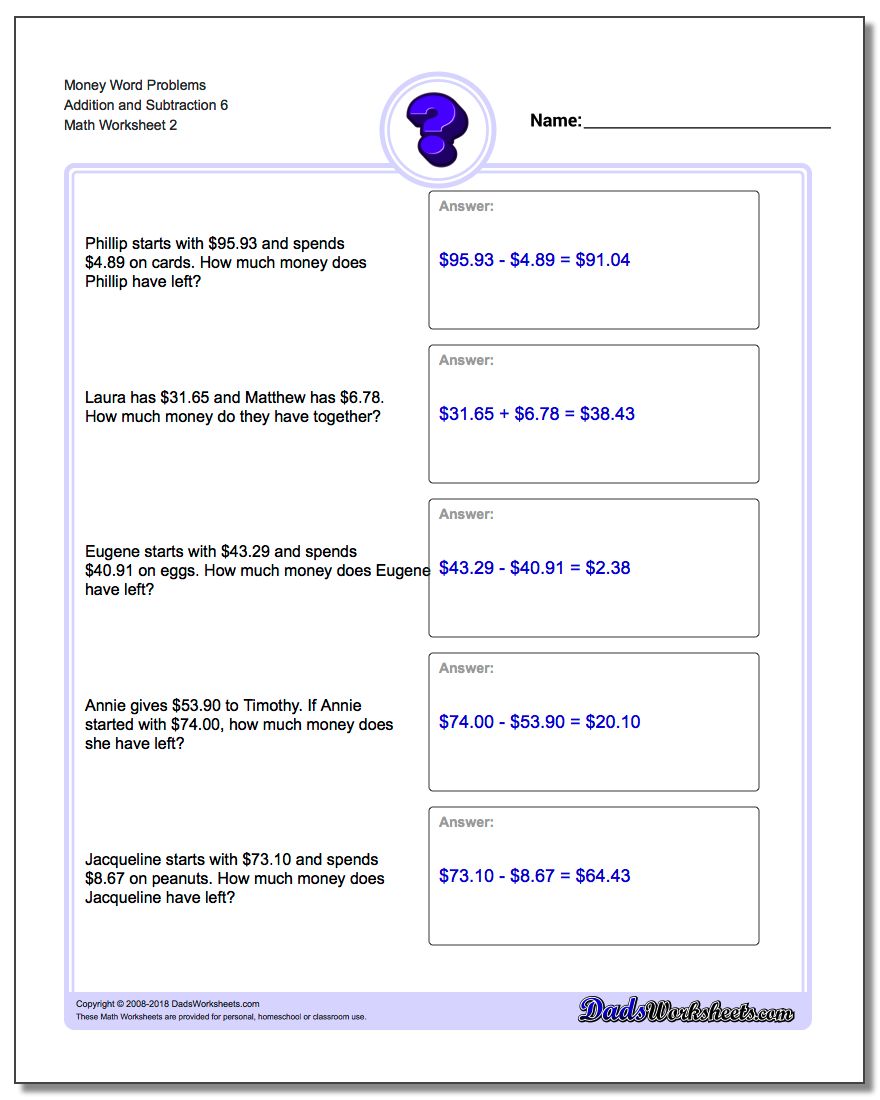 Money Word Problems Worksheet Addition Worksheet and Subtraction Worksheet 6 www.dadsworksheets.com/worksheets/money-word-problems.html
