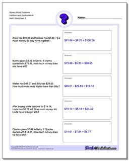 Money Word Problems Worksheet Addition Worksheet and Subtraction Worksheet 6