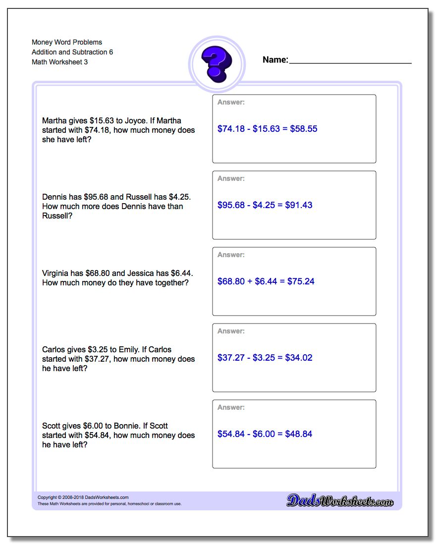 Money Word Problems Worksheet Addition Worksheet and Subtraction Worksheet 6