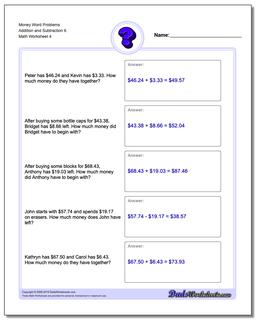 Money Word Problems Worksheet Addition Worksheet and Subtraction Worksheet 6