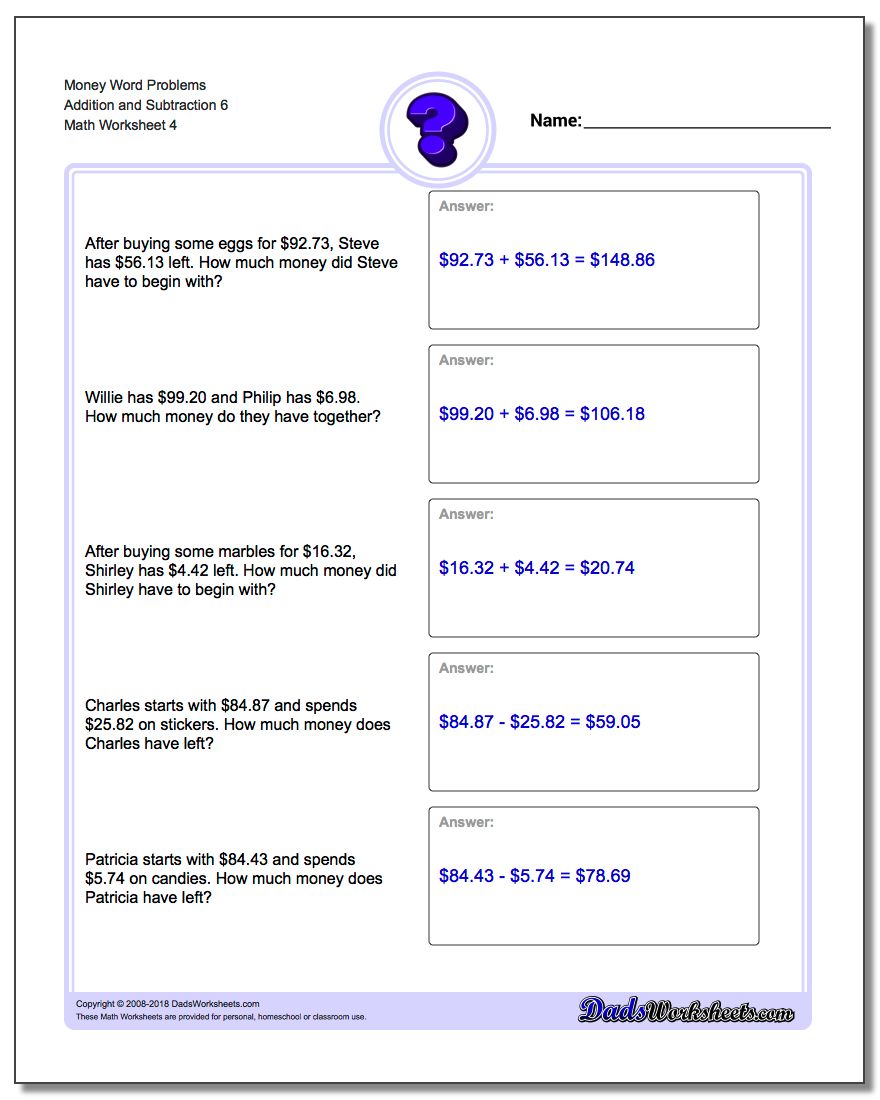 Money Word Problems Worksheet Addition Worksheet and Subtraction Worksheet 6