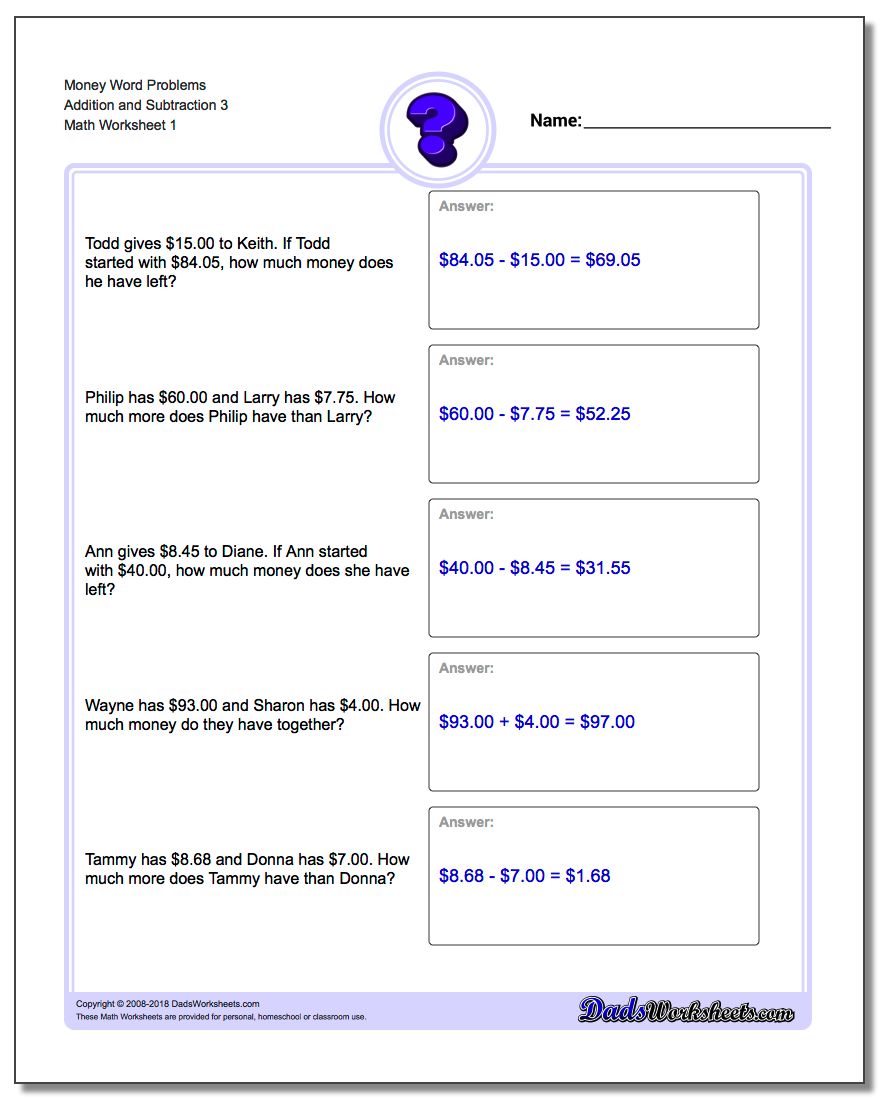Money Word Problems Worksheet Addition Worksheet and Subtraction Worksheet 3