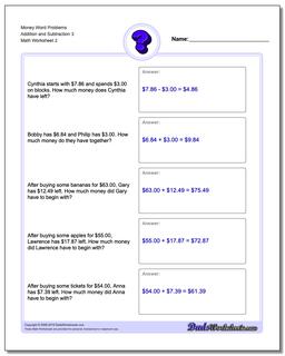 Money Word Problems Worksheet Addition Worksheet and Subtraction Worksheet 3 /worksheets/money-word-problems.html