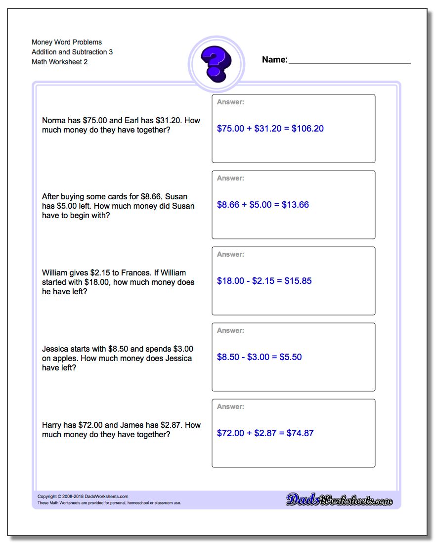 Money Word Problems Worksheet Addition Worksheet and Subtraction Worksheet 3 www.dadsworksheets.com/worksheets/money-word-problems.html