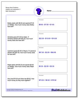 Money Word Problems Worksheet Addition Worksheet and Subtraction Worksheet 3