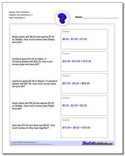 Money Word Problems Worksheet Addition Worksheet and Subtraction Worksheet 3