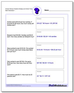Money Word Problems Worksheet Division Worksheet Multiply and Divide Three