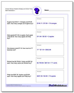 Division Worksheet Money Problems Worksheet Multiply and Divide Three