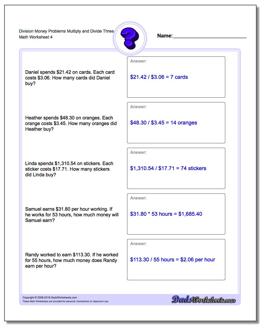 Division Worksheet Money Problems Worksheet Multiply and Divide Three