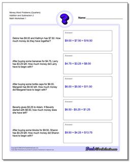 Money Word Problems Worksheet (Quarters) Addition Worksheet and Subtraction Worksheet 2