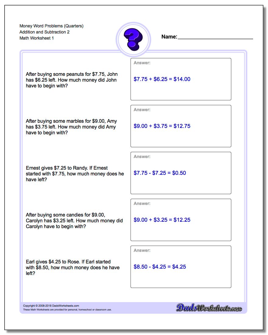 addition and subtraction money word problems