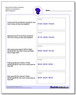 Money Word Problems Worksheet (Quarters) Addition Worksheet and Subtraction Worksheet 2 /worksheets/money-word-problems.html