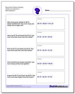 Money Word Problems Worksheet (Quarters) Addition Worksheet and Subtraction Worksheet 2