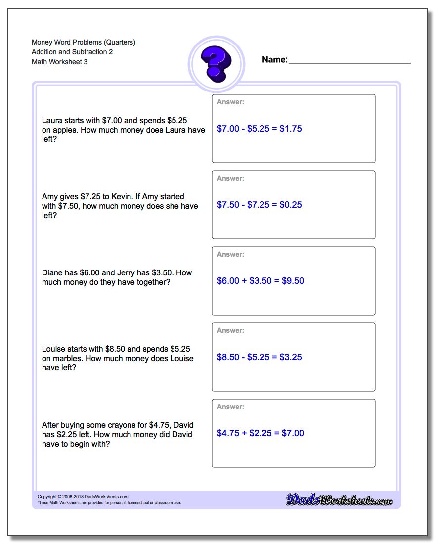 Money Word Problems Worksheet (Quarters) Addition Worksheet and Subtraction Worksheet 2