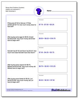 Money Word Problems Worksheet (Quarters) Addition Worksheet and Subtraction Worksheet 2