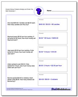 Money Word Problems Worksheet Division Worksheet Multiply and Divide Two