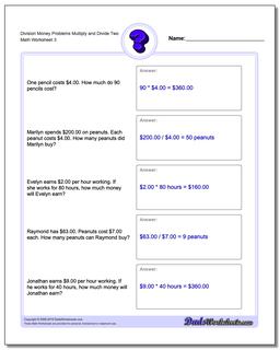 Division Worksheet Money Problems Worksheet Multiply and Divide Two