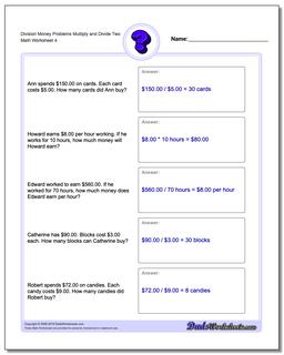 Division Worksheet Money Problems Worksheet Multiply and Divide Two