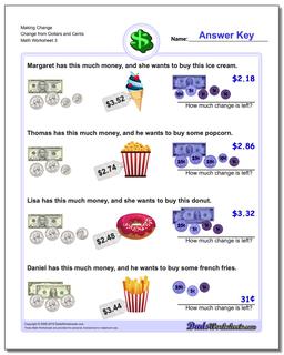 Making Change Change from Dollars and Cents Worksheet