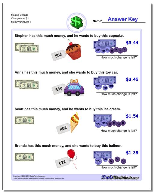 Making Change Change from $1 www.dadsworksheets.com/worksheets/money.html Worksheet