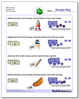 Making Change Change from $1 Worksheet