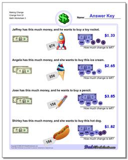 Making Change Change from $1 Worksheet